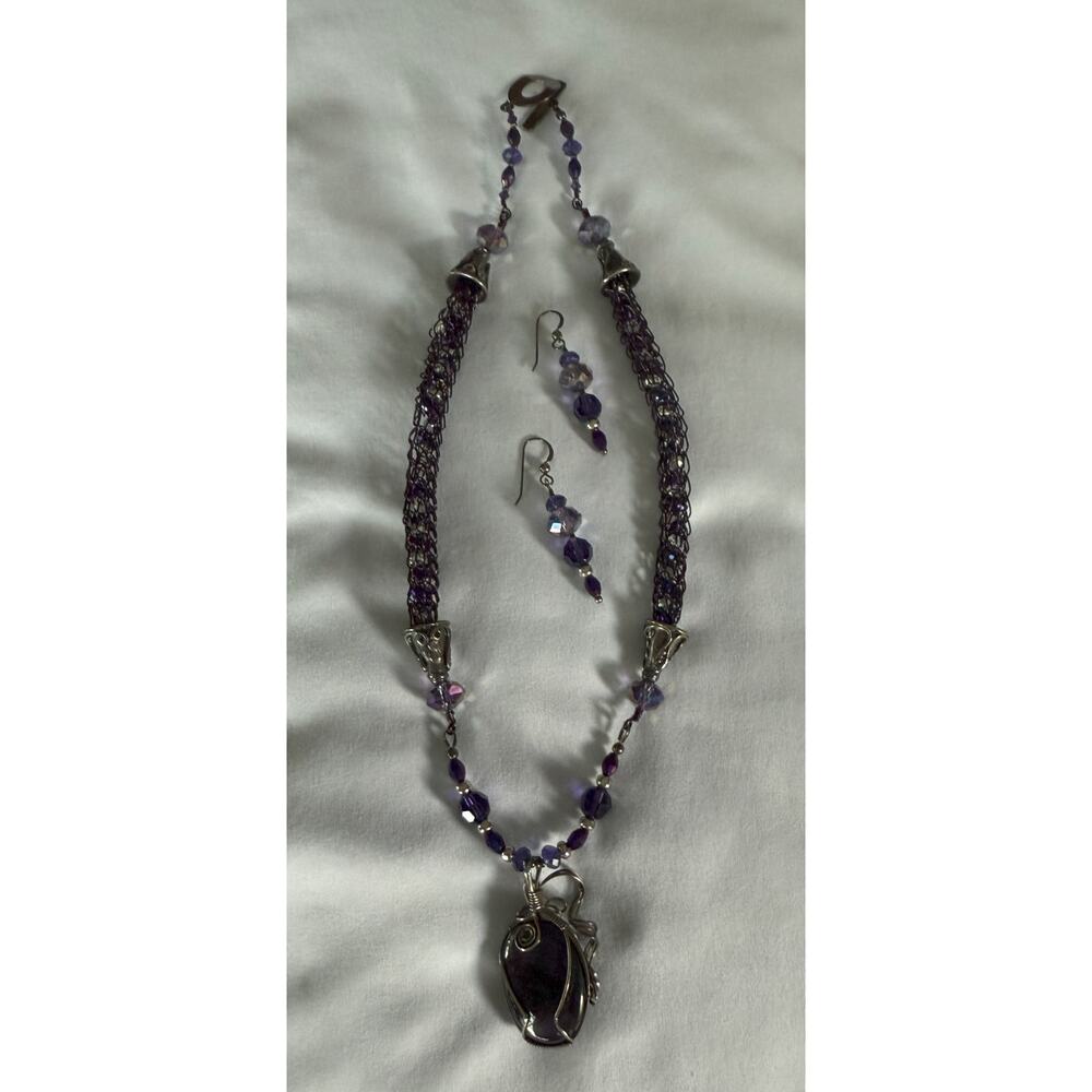 Amethyst Cabochon Necklace Silver Wire, Crystals, Pewter Cones Crystal Earrings